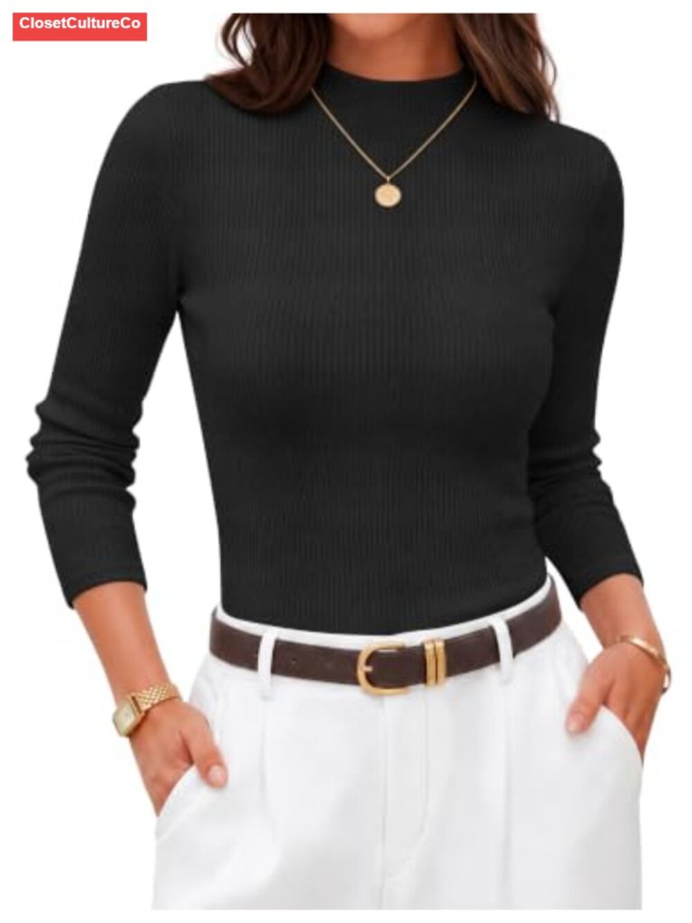 Mock Neck Long Sleeve Ribbed Knit Top Slim Fit Pullover Casual Fall Winter Shirt